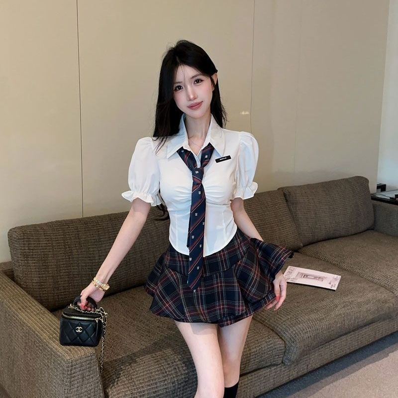 法式纯欲学院风jk制服套装泡泡袖甜辣收腰系带衬衫+格子高腰裙裤