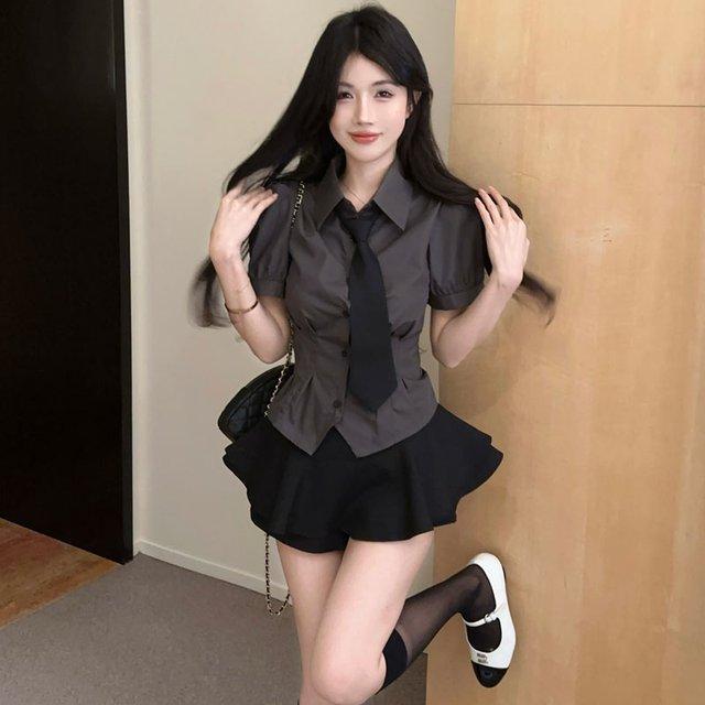 jk收腰短袖衬衫辣妹蓬蓬裙制服套装两件套