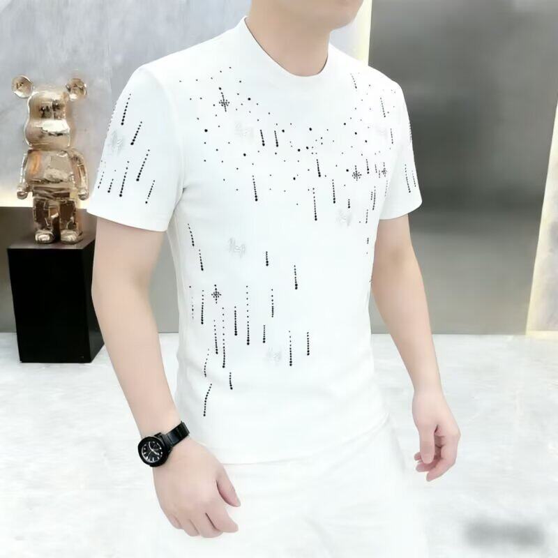潮流时尚男士烫钻流星雨舒适短袖T恤百搭圆领简约款上衣ins潮气质