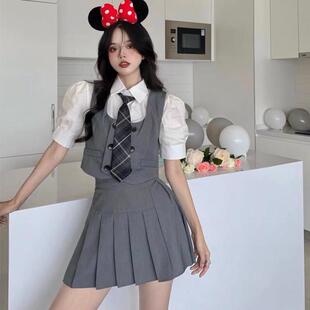学院风高腰百褶短裙jk套装夏季酷酷风格女装马甲衬衫半身裙三件套
