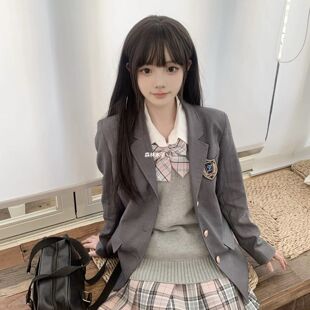 原创JK制服西装外套学院风韩版灰西校供感校服制服秋冬叠穿百搭女