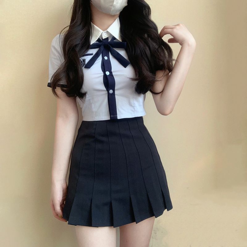 韩式JK制服套装甜美学院风包臀短百褶裙修身短袖衬衫校服辣妹套装