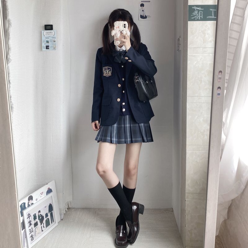 jk西服马甲套装原创西装两粒扣外套百褶裙秋冬jk毛衣制服套装女