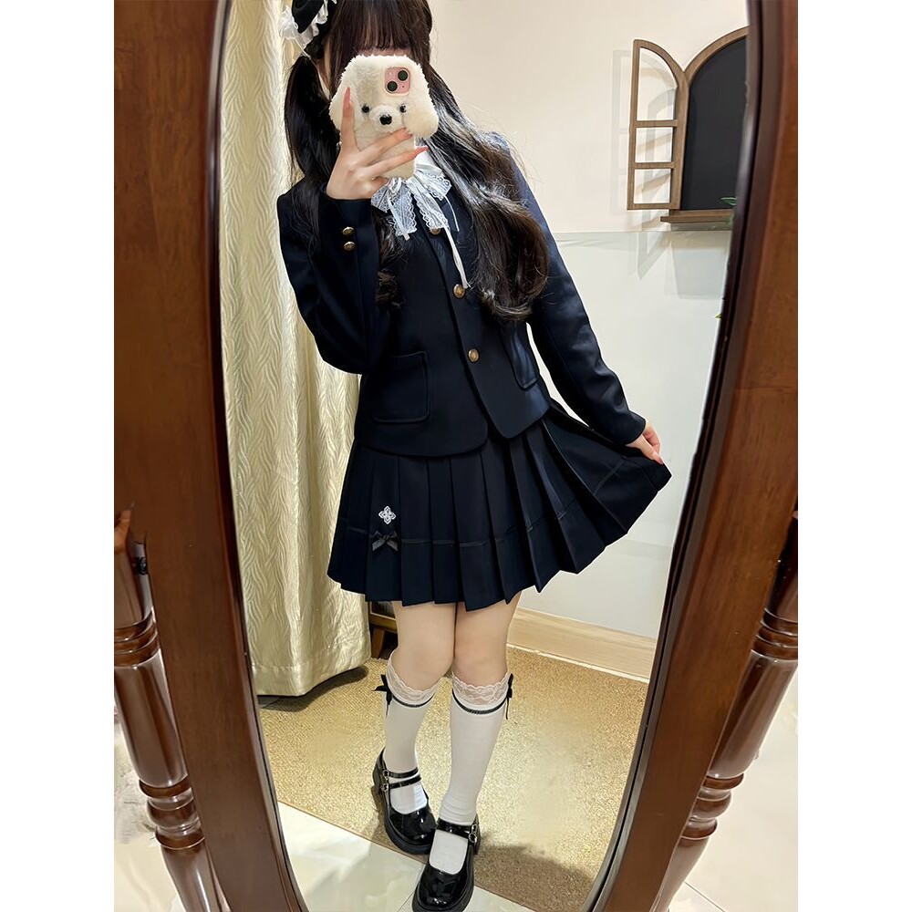 春秋新款学院圆领西服外套百褶裙衬衫JK校供制服西装淑女气质套装