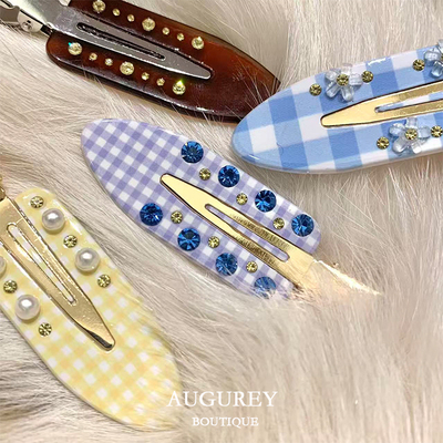 AUGUREY 01/20 复古焦糖色系田园格子emijay同款醋酸花朵发夹钻女