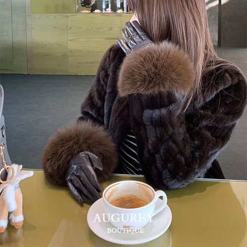 AUGUREY 01/11 美拉德咖色狐狸毛手套法式复古优雅羊皮时尚秋冬女
