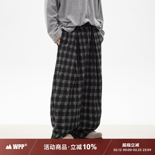 WPP 宽松直筒休闲加绒格子裤男大码美式潮牌情侣秋冬阔腿直筒裤女