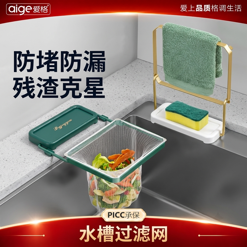 爱格多功能厨房水槽沥水架剩菜剩饭残渣一次性过滤网可折叠置物架