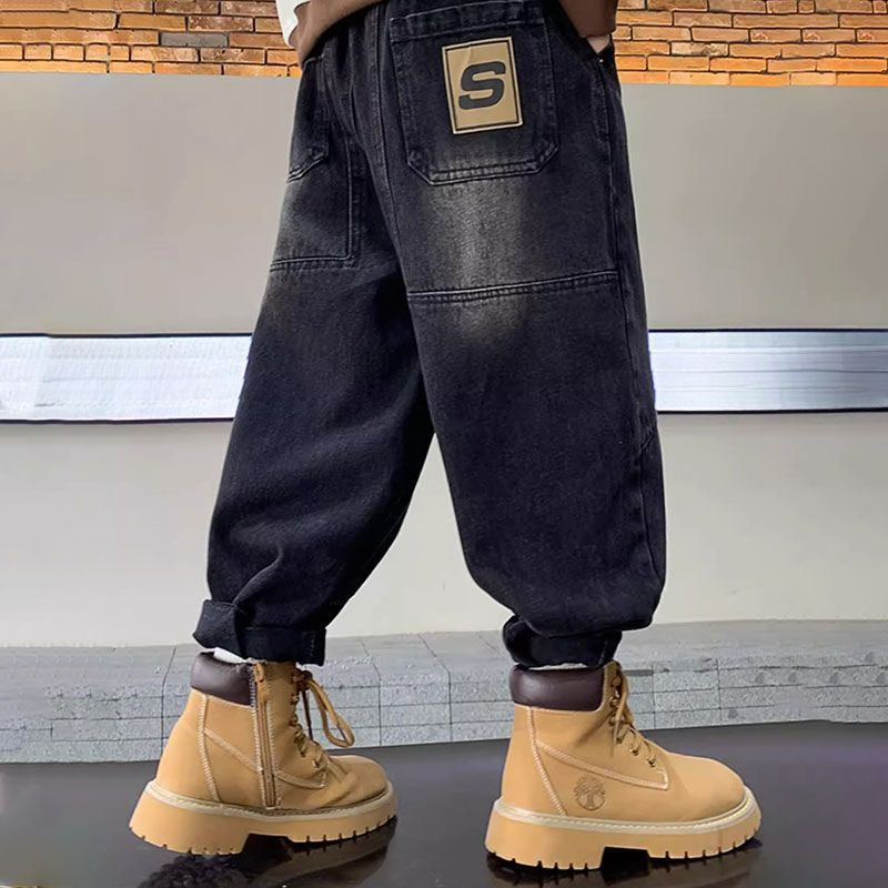 儿童秋冬牛仔裤男童帅气加绒长裤2023新款中大童炸街潮流秋装裤子