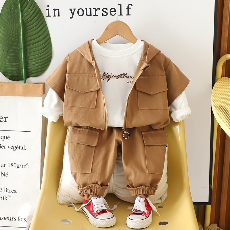 童装男童秋装套装新款儿童春秋季洋气连帽马甲三件套宝宝潮衣