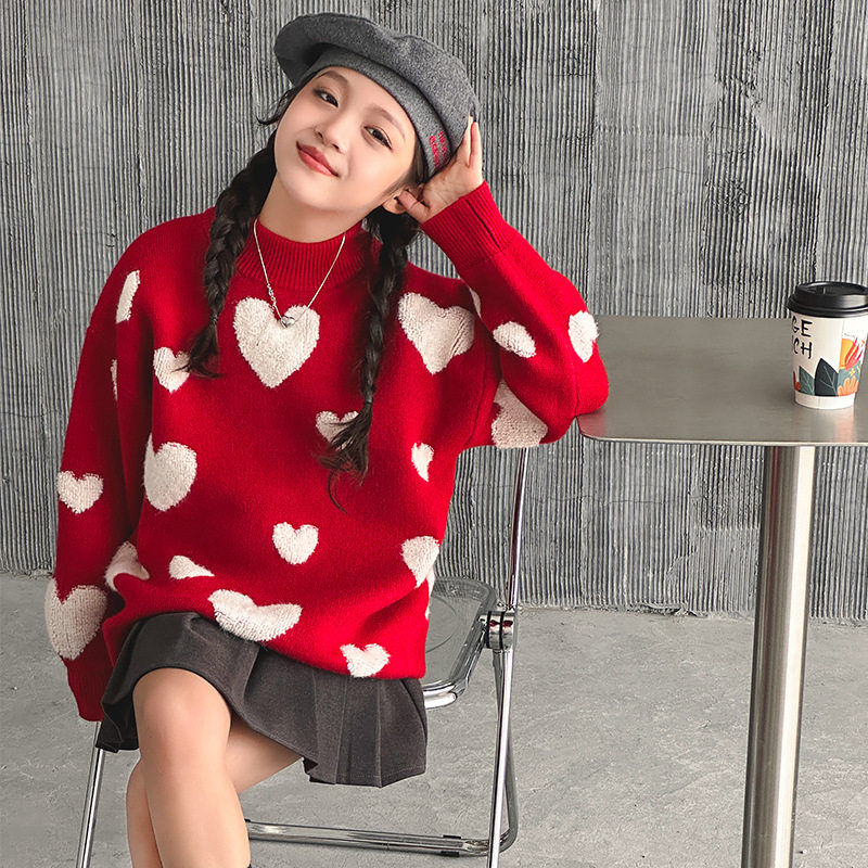 女童红色毛衣2025秋冬装新款加厚中大童打底针织衫儿童新年装上衣
