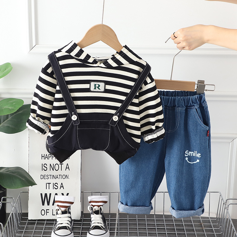 儿童宽松条纹上衣秋装背带卫衣男童长袖时尚牛仔裤童装两件套套装