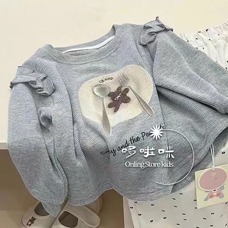 韩版女童秋季套装2024新款可爱小熊卫衣波点花边直筒裤秋装