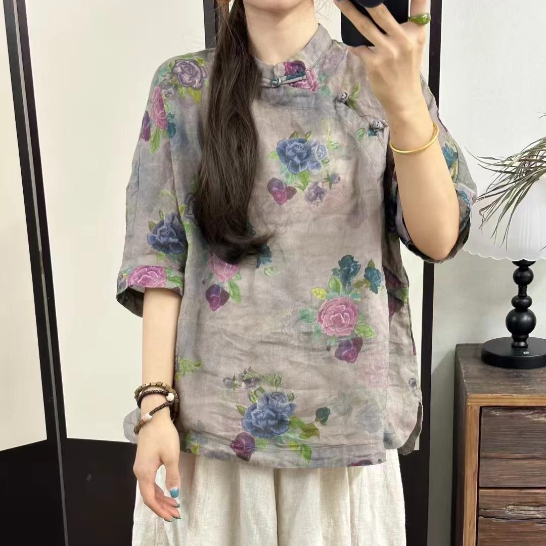薄款苎麻中国风碎花短袖上衣女