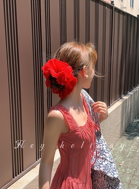 易梦玲同款少女蕾丝红色重工花边2024新款大肠发圈百搭简约头绳