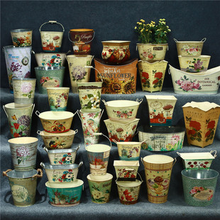 孤品大集合-田园风格家居饰品仿古铁艺花盆印花花桶装饰花盆铁盆