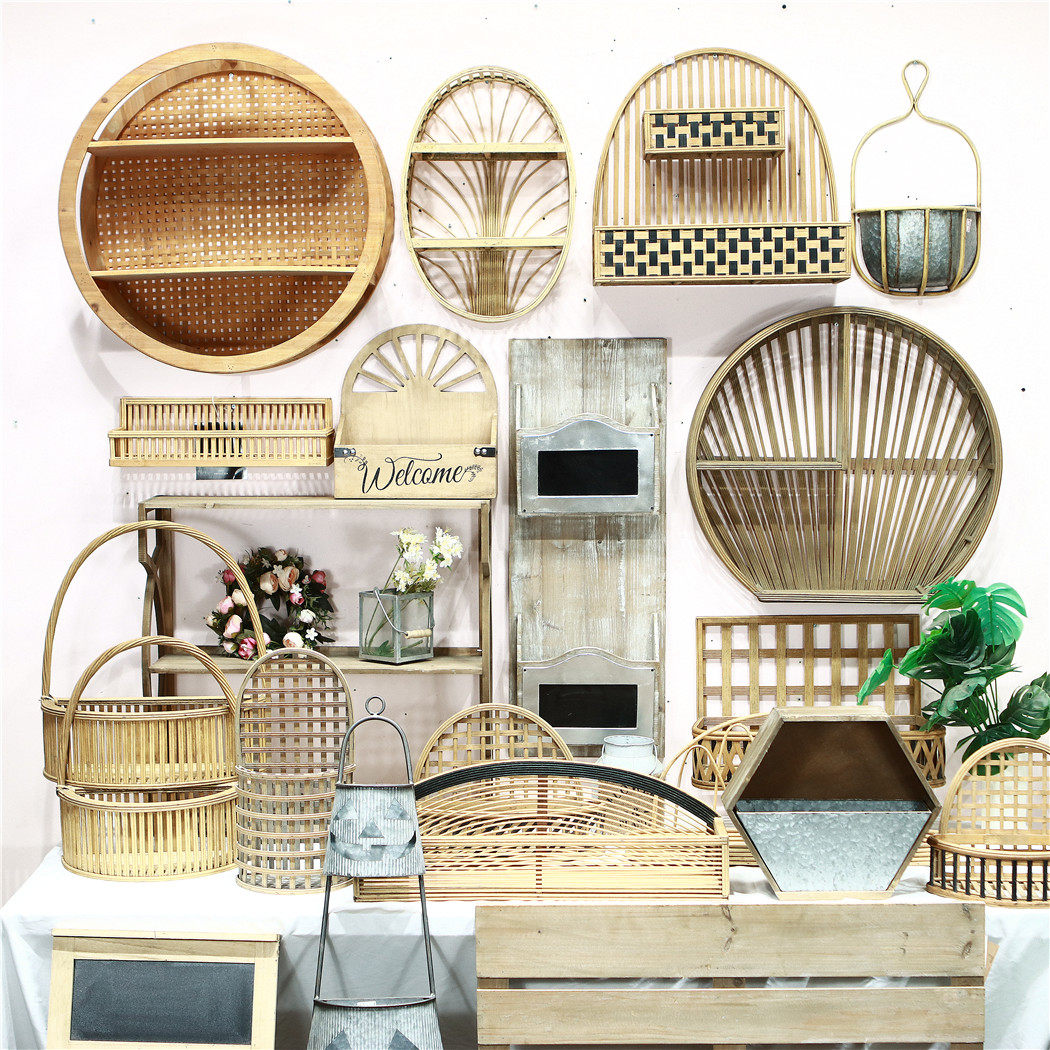 铁艺木质置物架竹编收纳架子壁挂