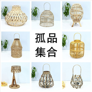 孤品大集合-美式乡村风民宿样板间装饰手工竹编灯笼烛台风灯摆件