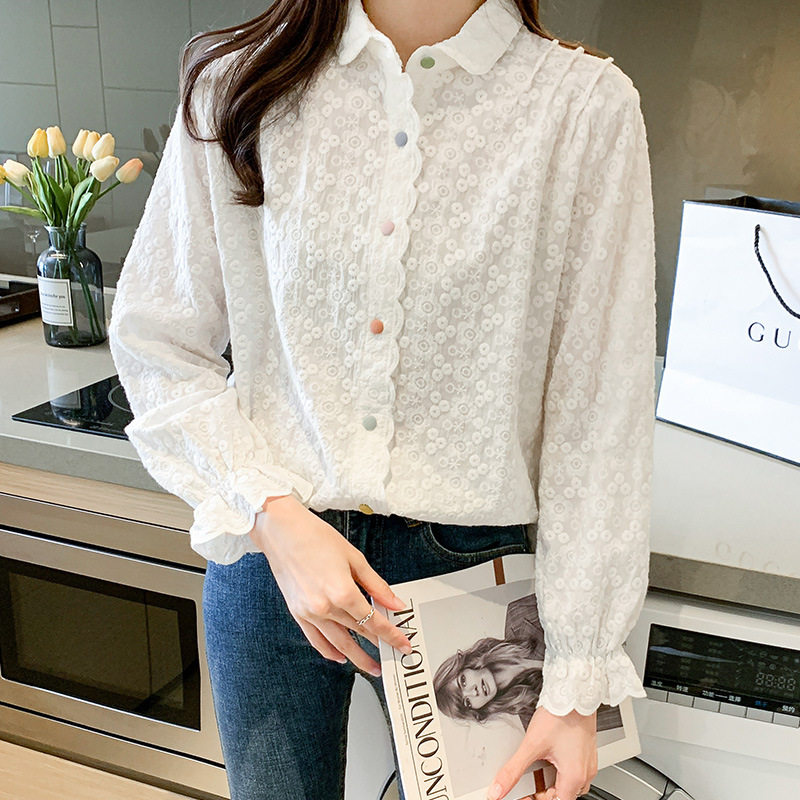 刺绣白衬衣女长袖2026春装纯棉绣花上衣甜美气质翻领衬衫时尚百搭