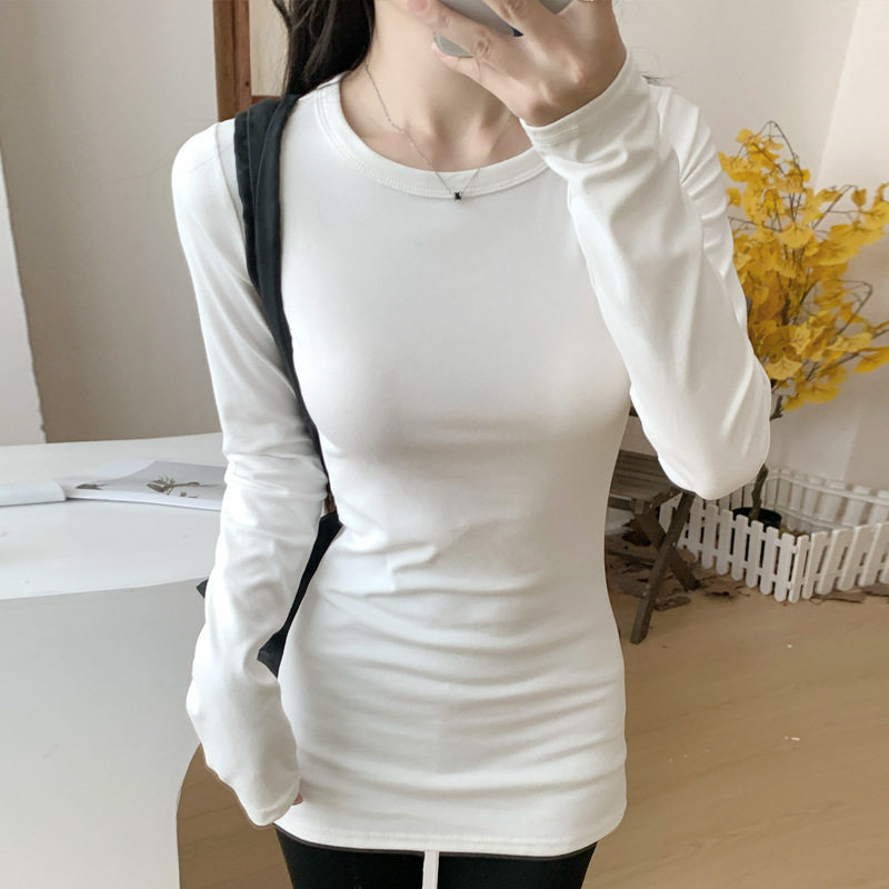 K2636棉正肩辣妹外穿长袖T恤女士秋冬季内搭中长款打底衫修身上衣