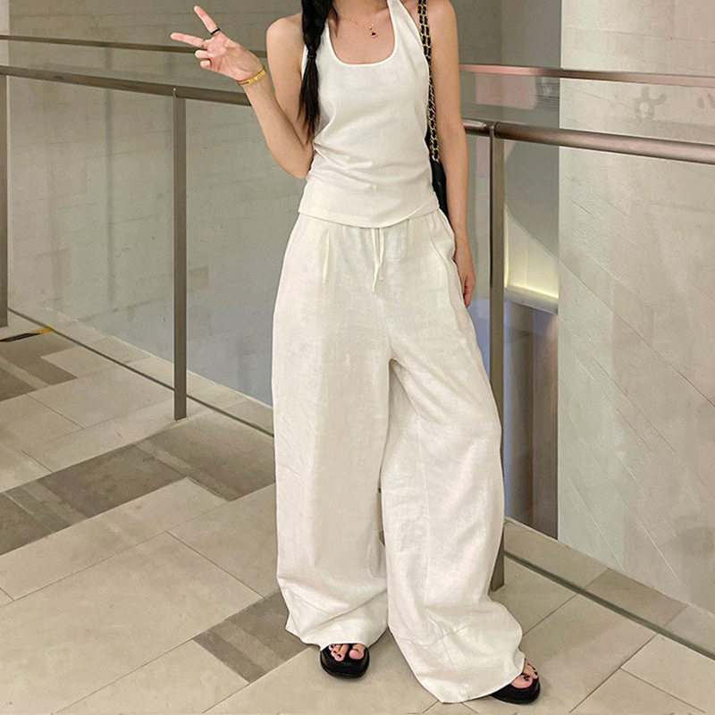 不会透的水洗白色苎麻裤宽松阔腿裤薄款棉麻裤子女夏季亚麻遛弯裤