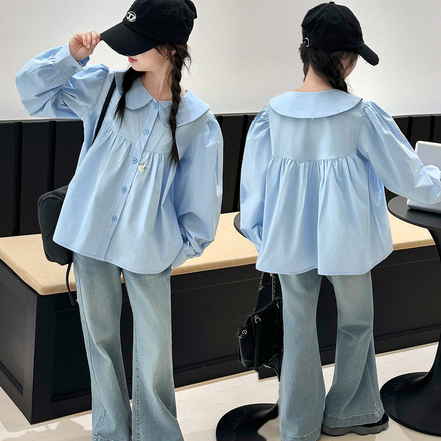 女童长袖春款衬衫2026新款宝宝洋气娃娃领中大童宽松女孩衬衣批发