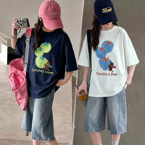 女童美式印花纯棉短袖t恤2026夏季新款儿童oversize圆领宽松上衣