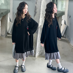 跨境童装女童秋装裙子2025新款儿童秋天长款卫衣裙大童时髦连衣裙