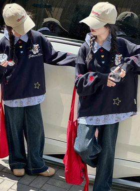 女童秋装套装2026新款中大童韩版洋气假两件翻领卫衣牛仔裤两件套
