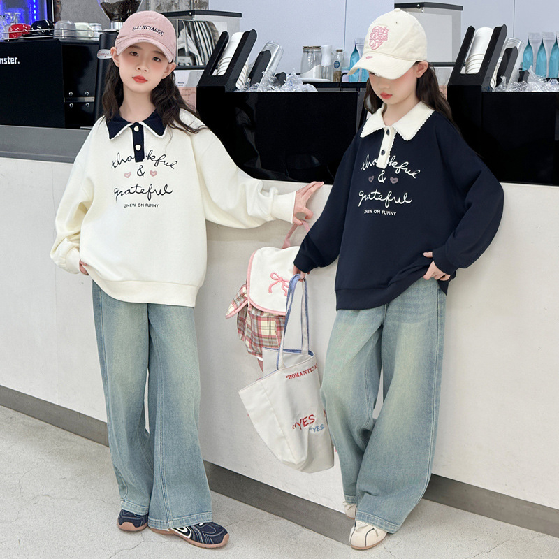 女童卫衣秋款2025新款儿童洋气时尚中大童休闲宽松阔腿牛仔裤套装