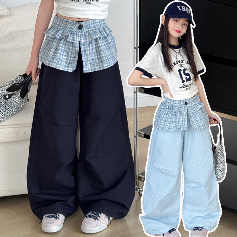 跨境外贸童裤夏季女童2026新款裤子中大童薄款花边皮帘儿童工装裤图片