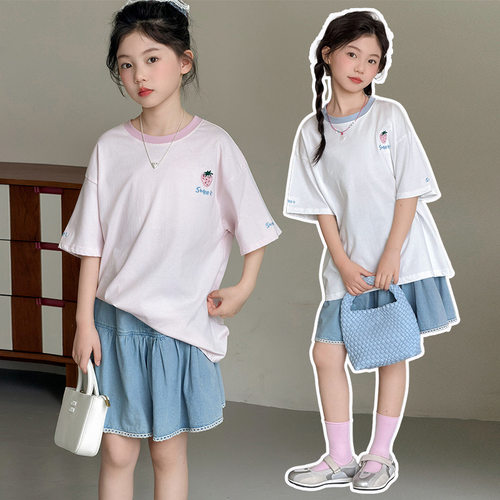 女儿童短袖t恤2026新款儿童夏装衣服女孩纯棉半袖体恤牛仔裙套装