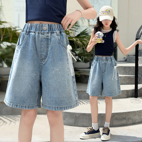 女童烫砖牛仔中裤女孩中大童薄裤子2026年夏装新款宽松版牛仔裤