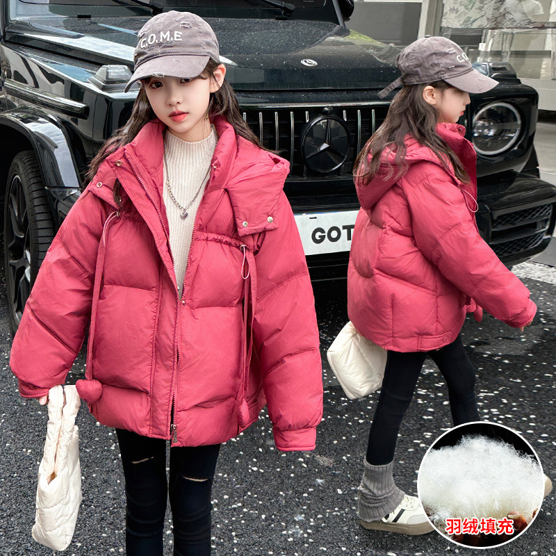 跨境女童加厚连帽羽绒服2025新款洋气儿童冬装纯色宽松白鸭绒外套