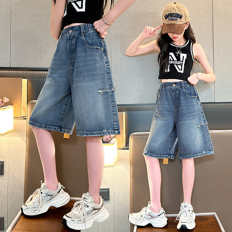 女童夏季牛仔裤薄款2025新款女大童夏装休闲中裤儿童牛仔五分裤潮