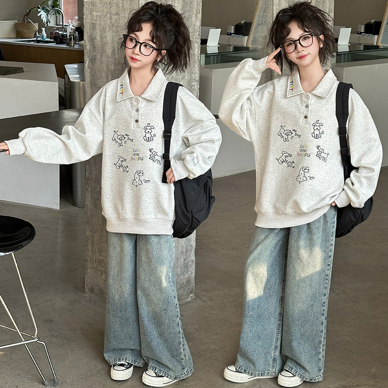 女童秋装卫衣polo衫2025春秋刺绣新款洋气儿童卫衣休闲上衣