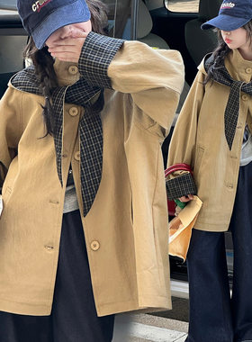 女童春款韩版休闲连帽中长款风衣外套女大童时髦洋气儿童时尚春秋