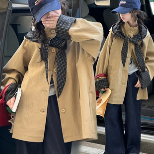 女童春款韩版休闲连帽中长款风衣外套女大童时髦洋气儿童时尚春秋