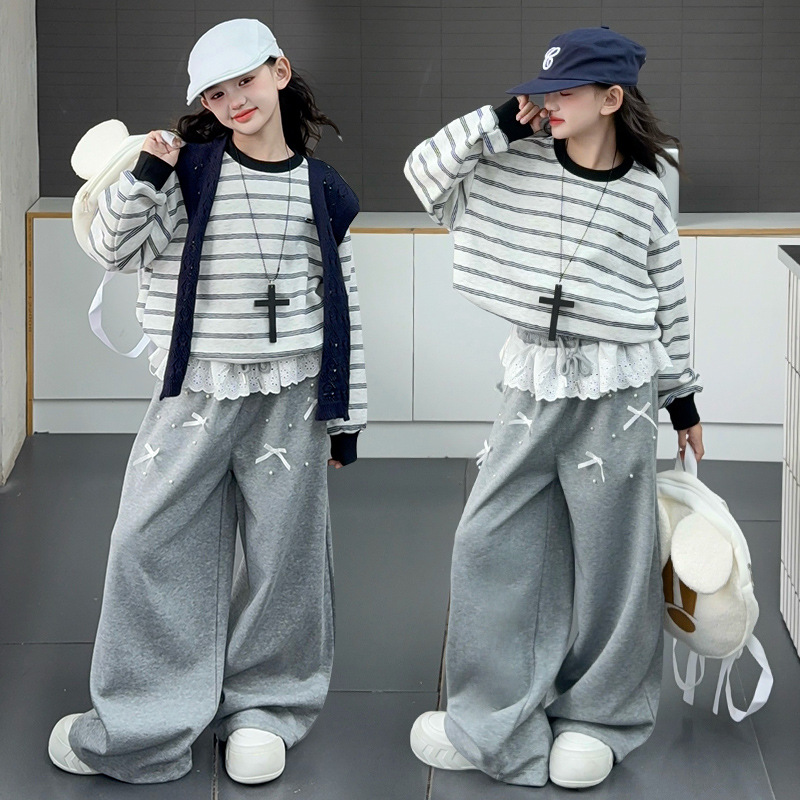 女童秋季套装2025新款洋气大童时髦韩系条纹卫衣儿童阔腿裤两件套