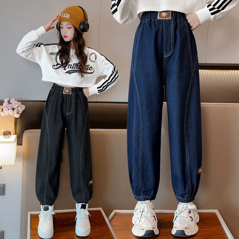 女童牛仔裤2025新款春秋装洋气儿童中大童休闲宽松束脚裤秋款裤子