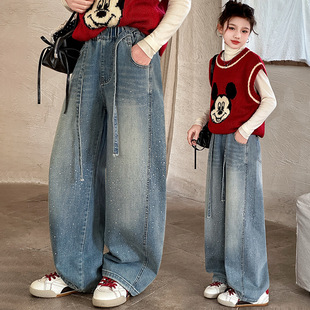 女童加绒牛仔阔腿裤冬季时尚宽松女大童满天星河烫钻潮流休闲裤子