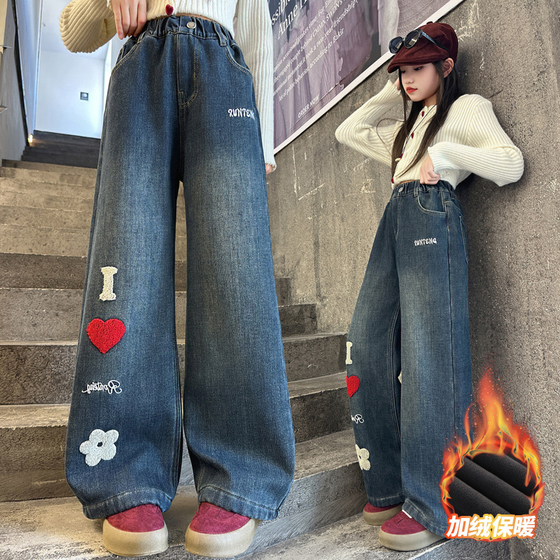 儿童装女童加绒牛仔裤2025新款秋冬款女大童毛巾绣刺绣阔腿牛仔裤
