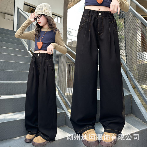 跨境女童春秋裤子2026新款儿童韩系中大童时髦直筒宽松黑色牛仔裤