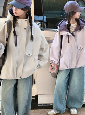 外贸女童春装外套2026新款儿童女孩春秋夹克连帽中大童跨境冲锋衣