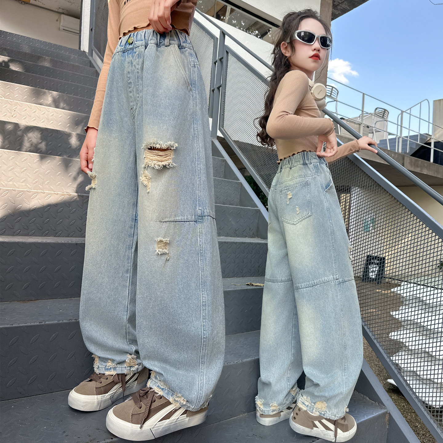 女童美式复古设计感浅色弯刀牛仔裤秋装2025新款儿童秋季破洞裤子