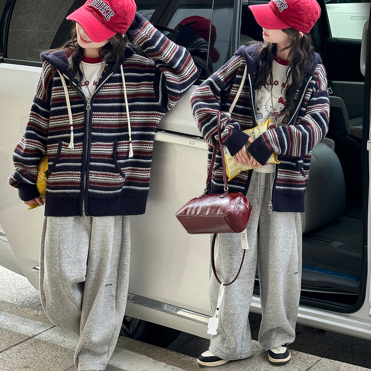 明星同款小众女童针织开衫秋装2025新款儿童条纹连帽拉链毛衣外套