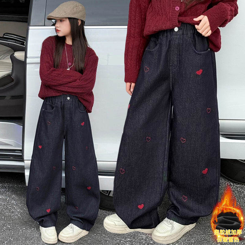 跨境童裤女童牛仔裤秋冬加绒裤子中大童直筒裤新款儿童冬季阔腿裤
