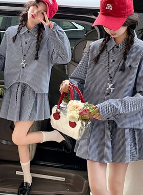 女童春装学院风套装2026新款儿童春秋裙套大童格子衫百褶裙两件套