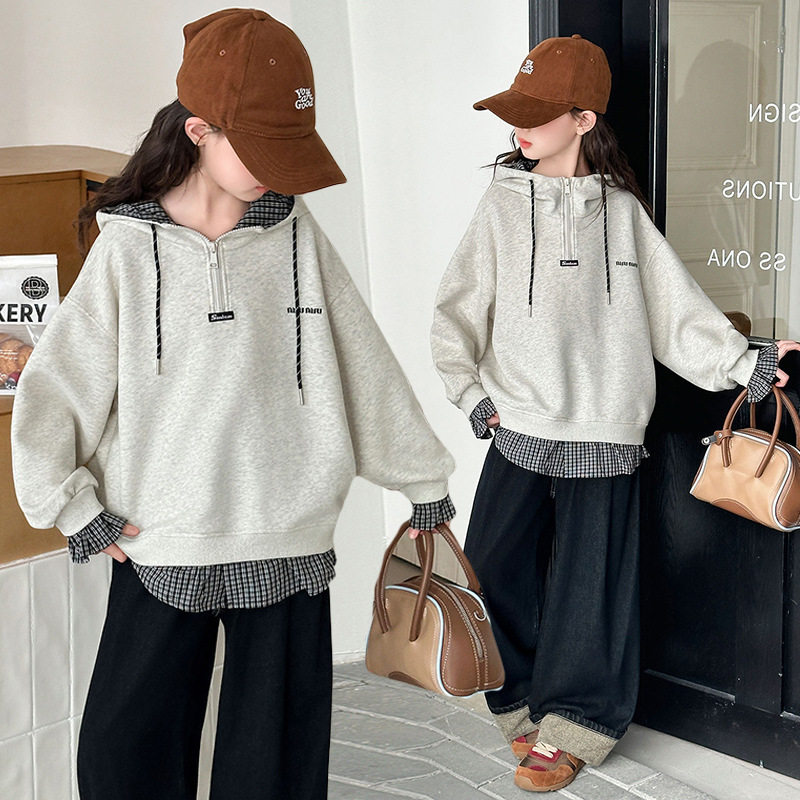 跨境女童拼色连帽格子卫衣春秋2025新款韩版中大童时尚休闲套头衫