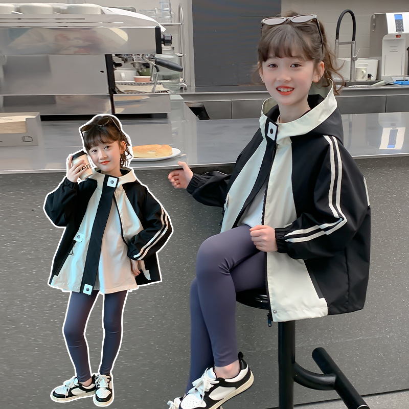 女童拼色冲锋衣春秋2025新款儿童秋装上衣韩版中大童休闲外套洋气